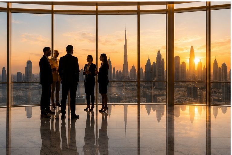 Business leaders connecting with the Dubai skyline